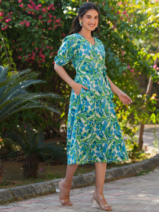 Janasya Bright Cotton Floral Fit & Flare Dress | Swadesiicart