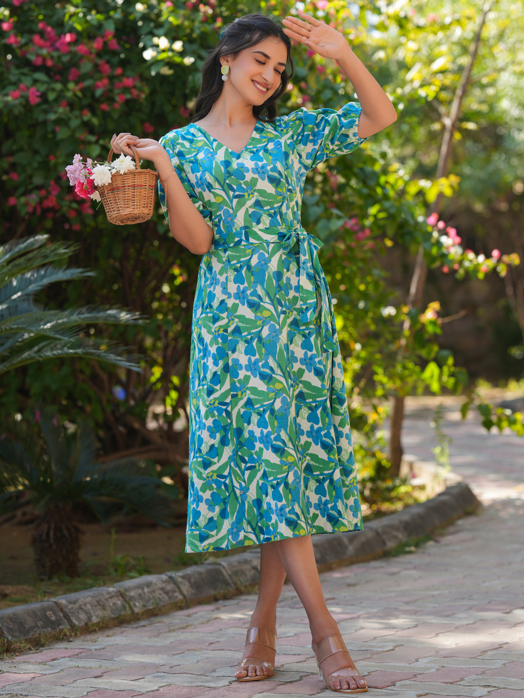 Janasya Bright Cotton Floral Fit & Flare Dress | Swadesiicart