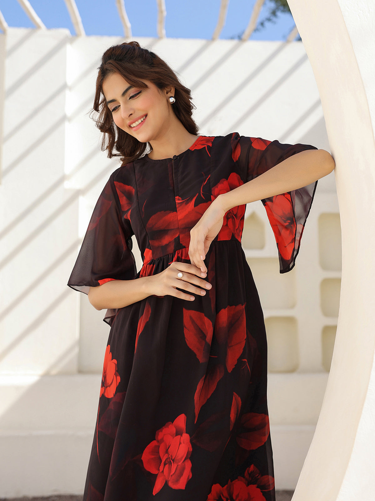 Janasya Dark Georgette Floral A-Line Dress | Swadesiicart