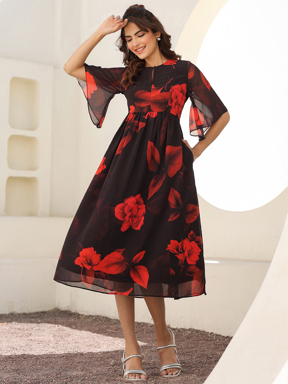 Janasya Dark Georgette Floral A-Line Dress | Swadesiicart