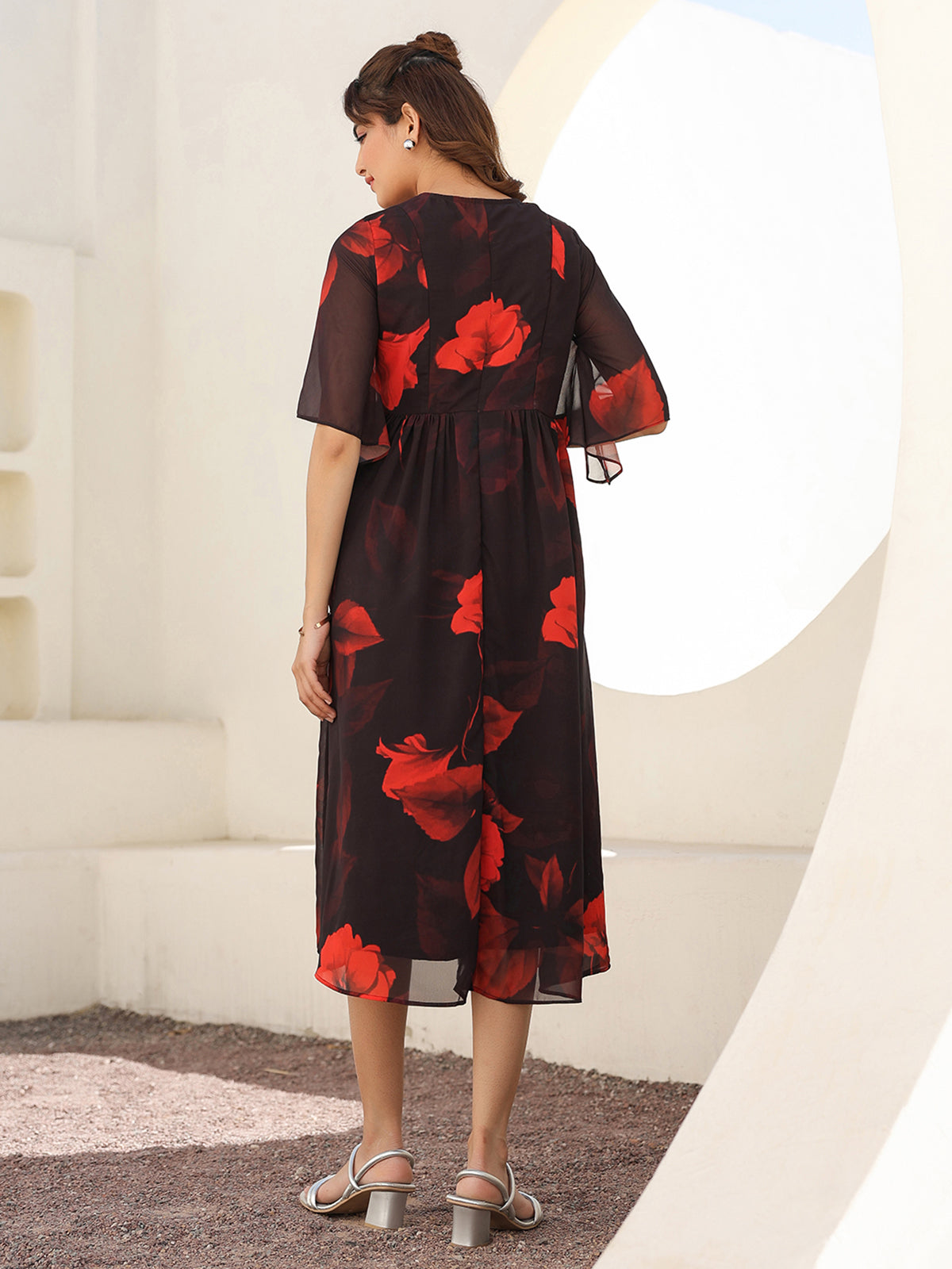 Janasya Dark Georgette Floral A-Line Dress | Swadesiicart