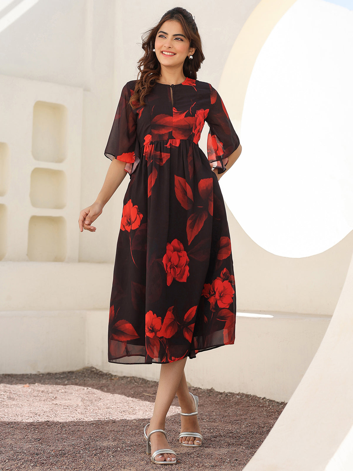 Janasya Dark Georgette Floral A-Line Dress | Swadesiicart