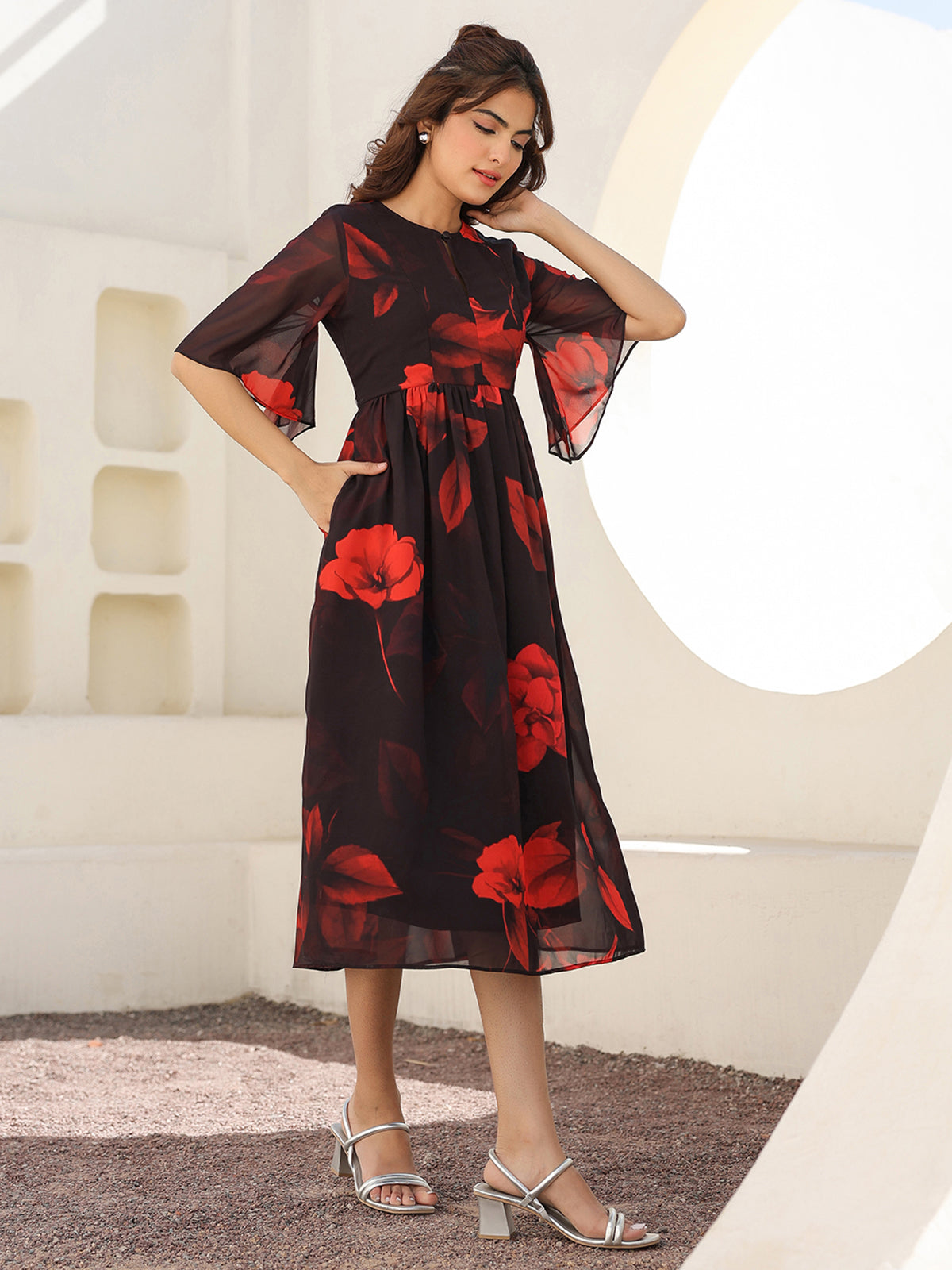 Janasya Dark Georgette Floral A-Line Dress | Swadesiicart