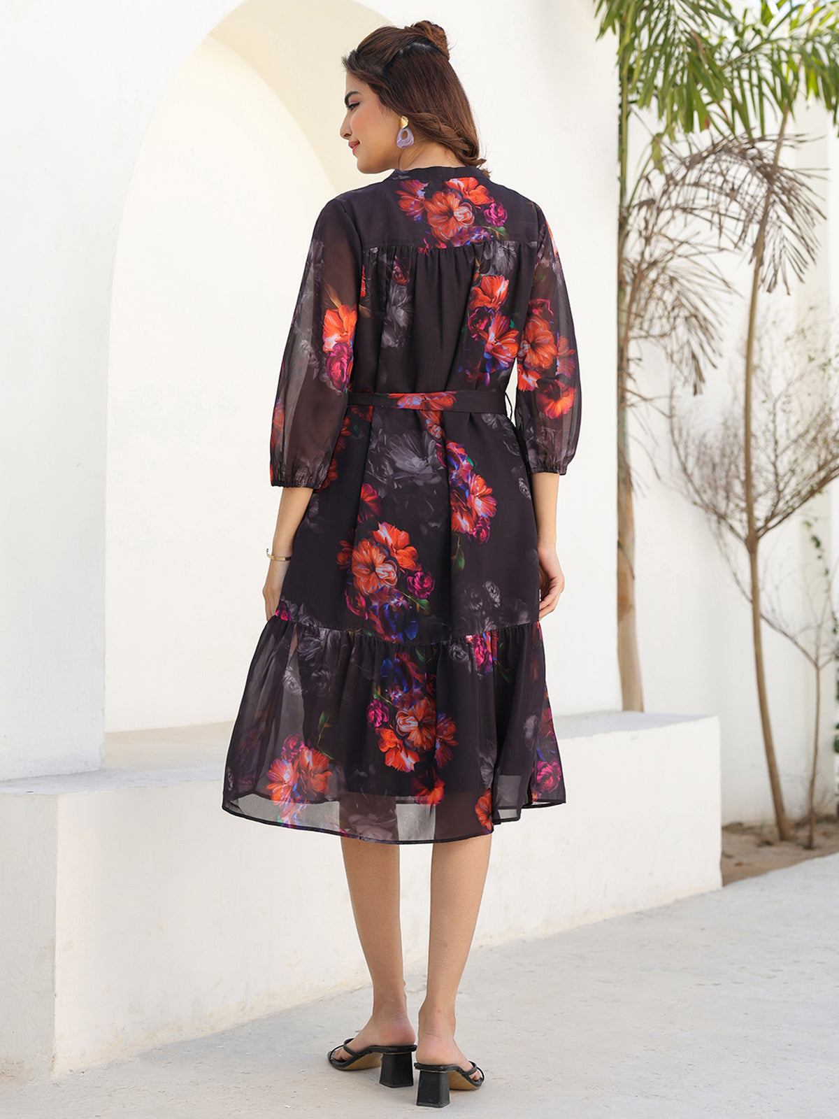 Janasya Dark Georgette Floral Tiered Dress | Swadesiicart