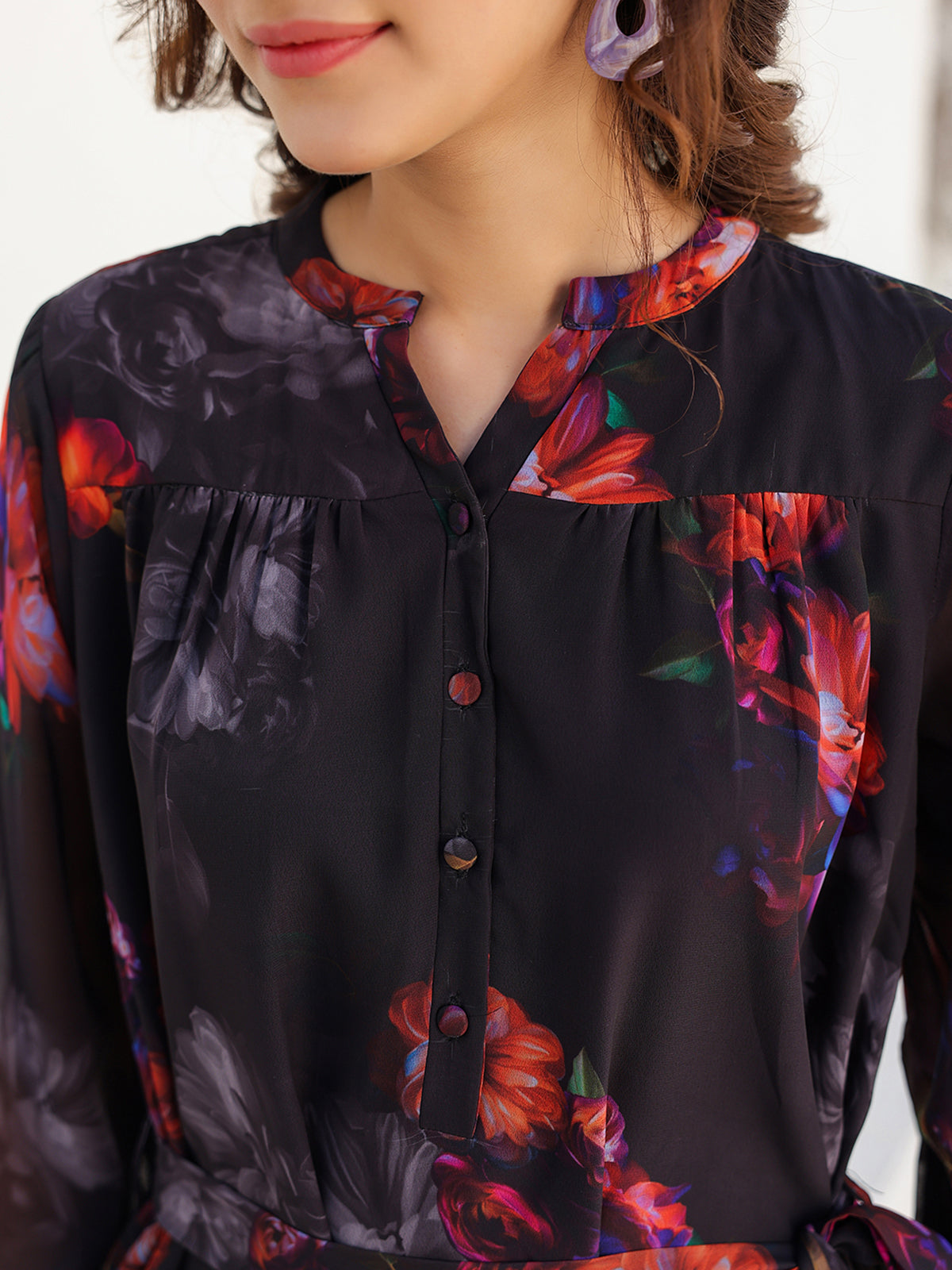Janasya Dark Georgette Floral Tiered Dress | Swadesiicart