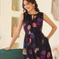 Janasya Dark Georgette Floral Gathered Dress | Swadesiicart