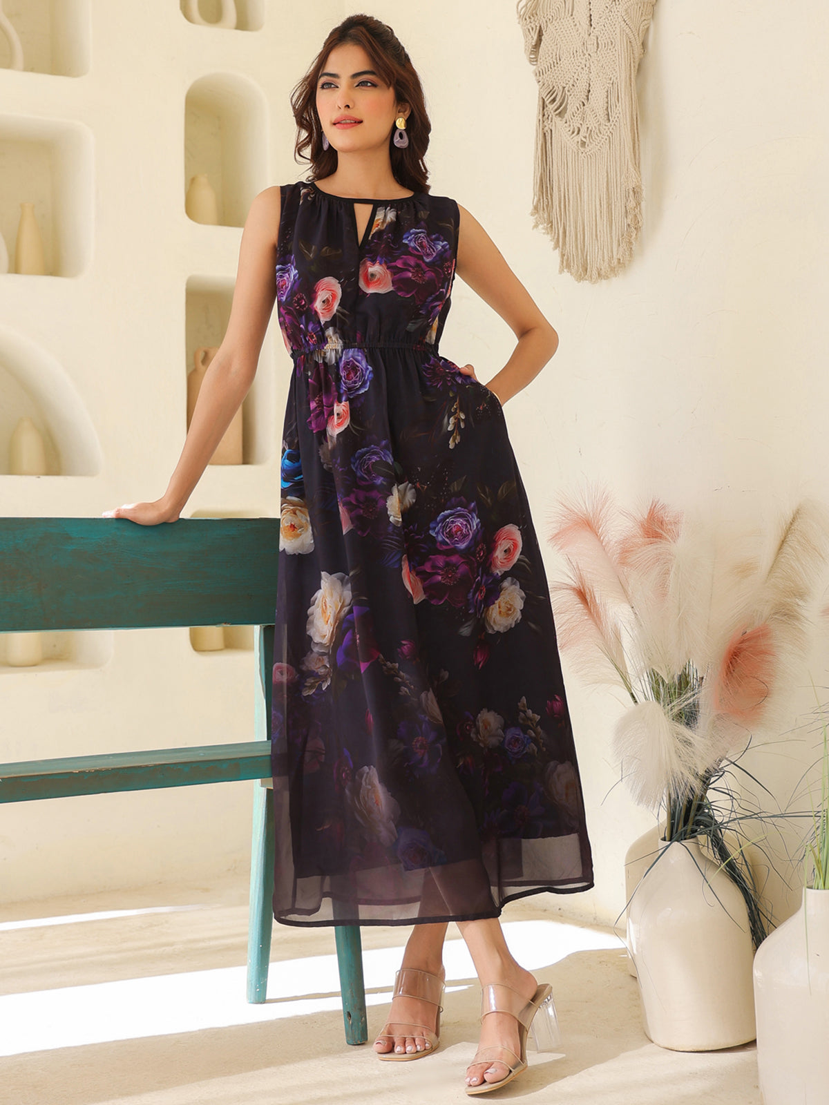 Janasya Dark Georgette Floral Gathered Dress | Swadesiicart