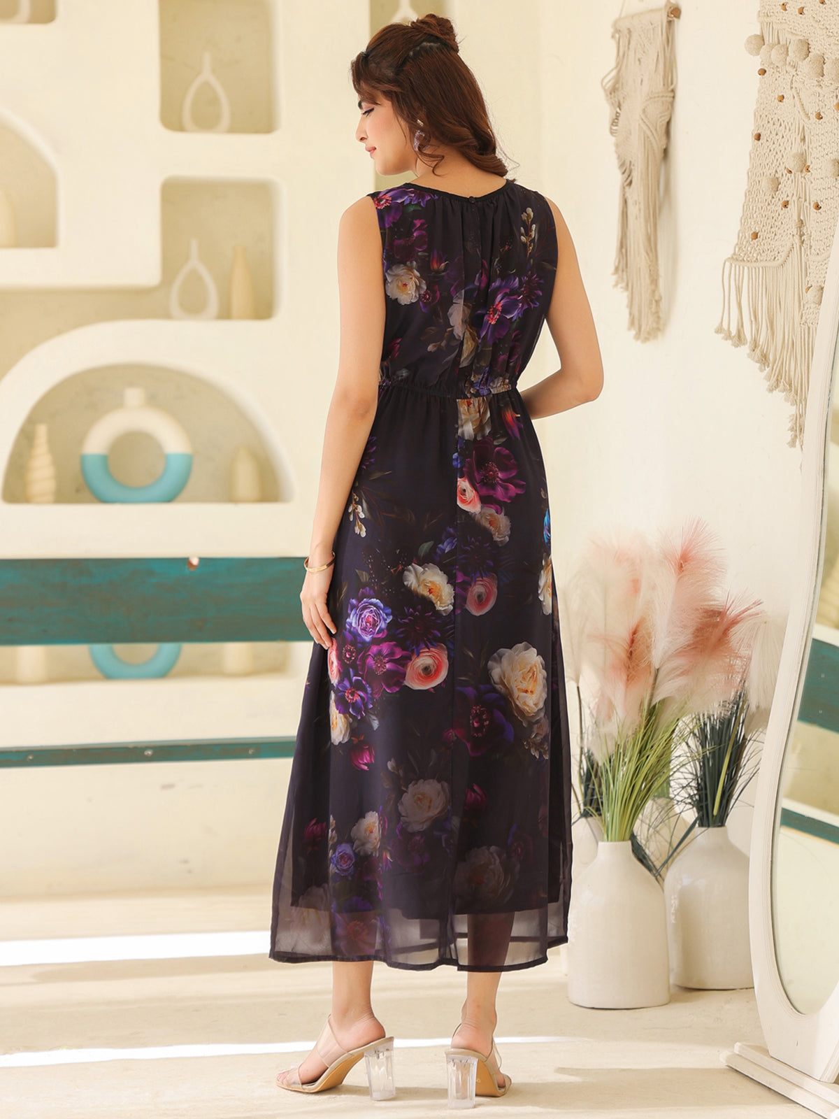 Janasya Dark Georgette Floral Gathered Dress | Swadesiicart