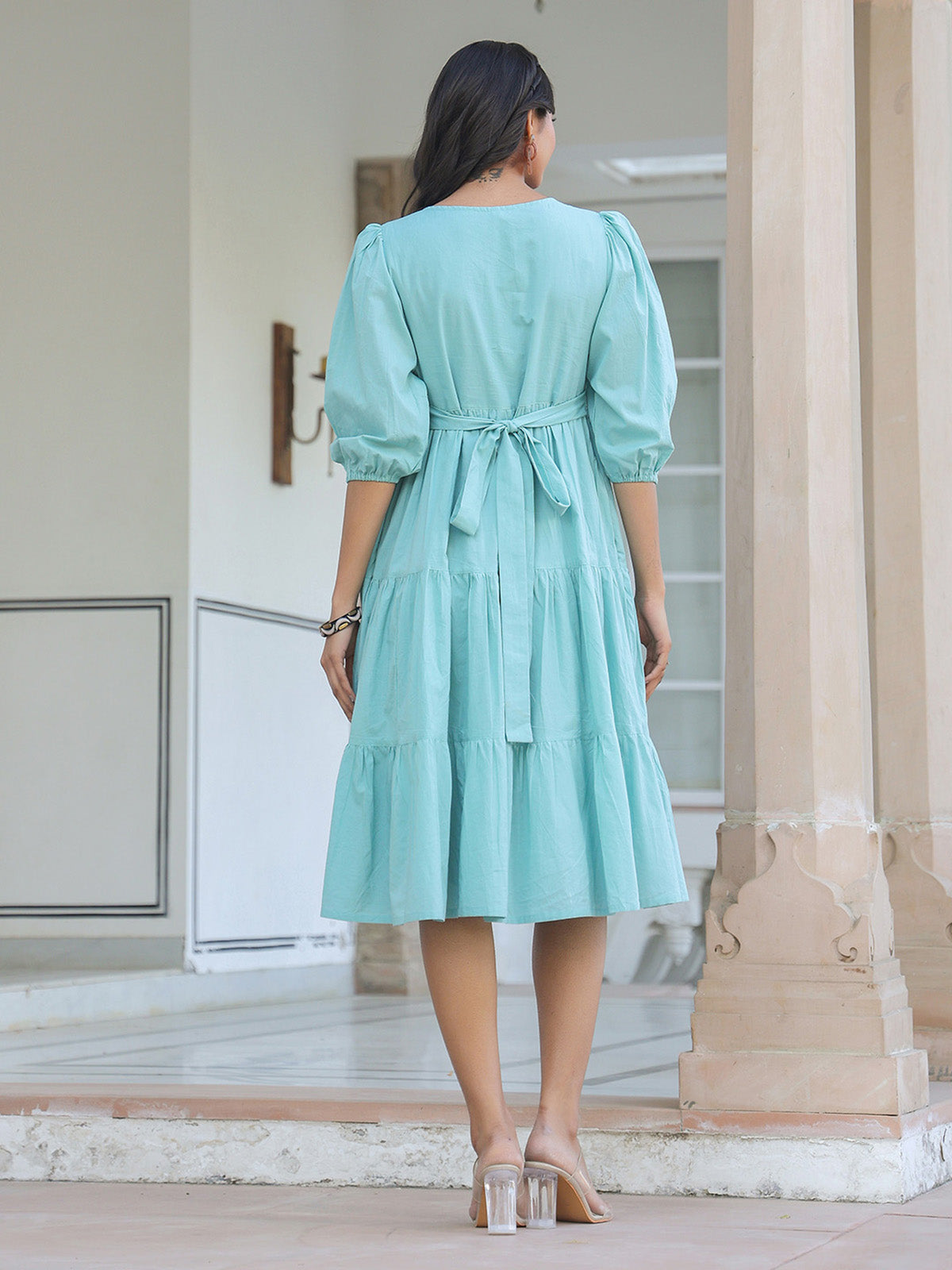 Janasya Light Cotton Solid Tiered Dress | Swadesiicart