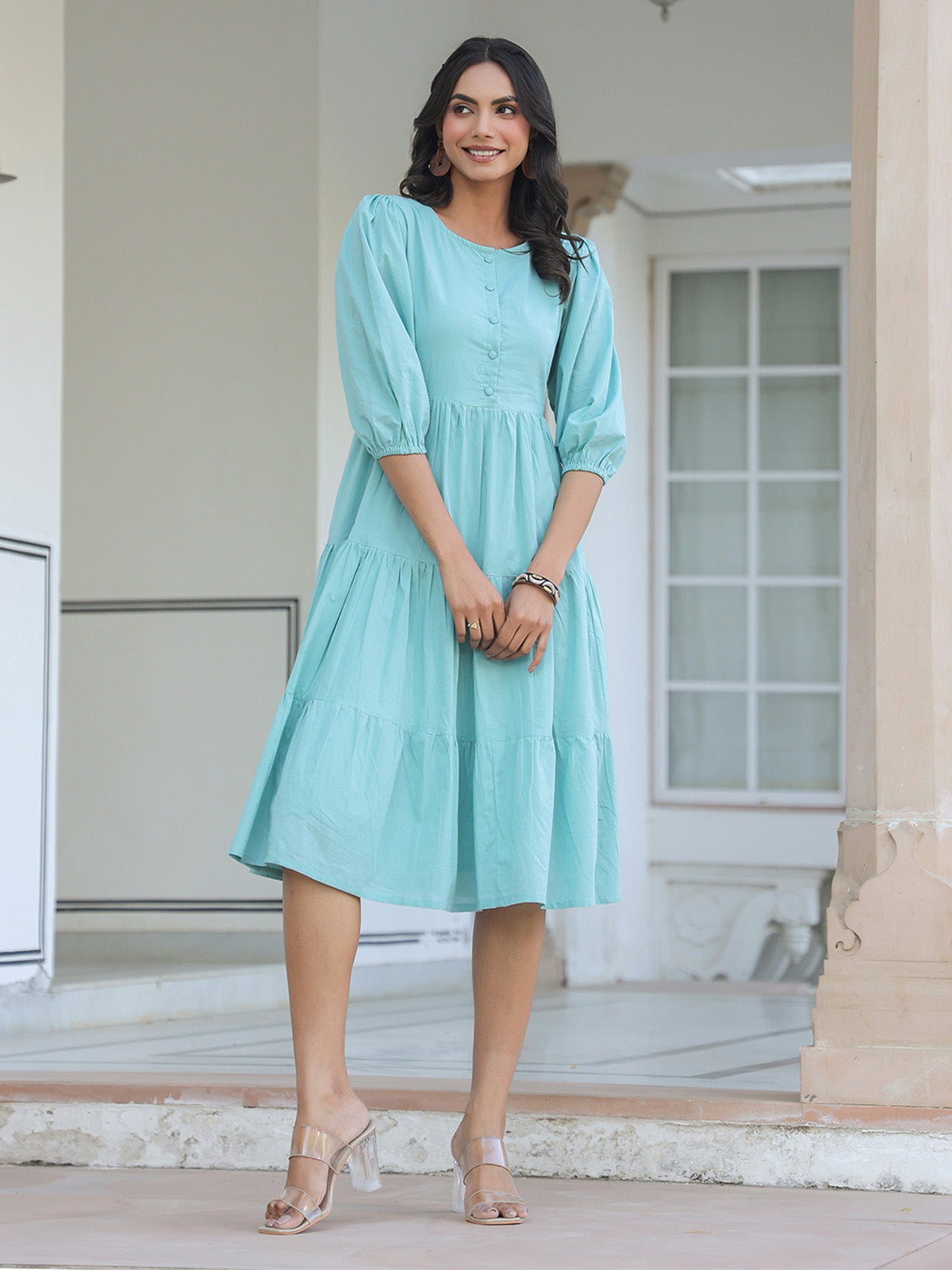 Janasya Light Cotton Solid Tiered Dress | Swadesiicart