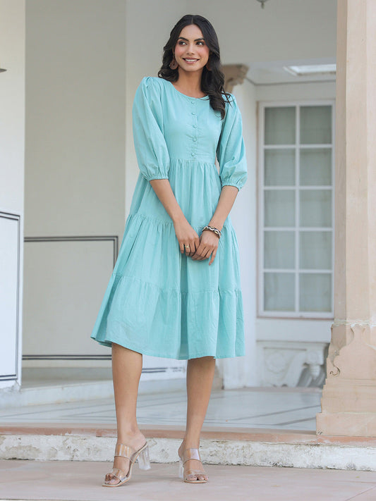 Janasya Light Cotton Solid Tiered Dress | Swadesiicart