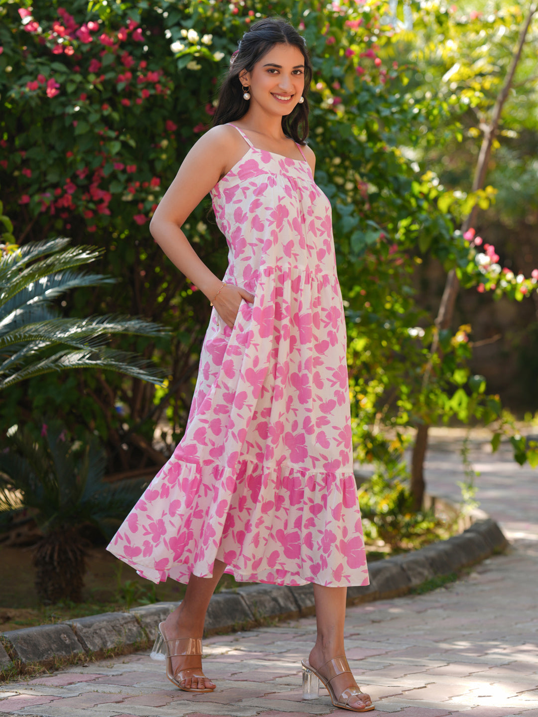 Janasya Light Cotton Abstract Tiered Dress | Swadesiicart