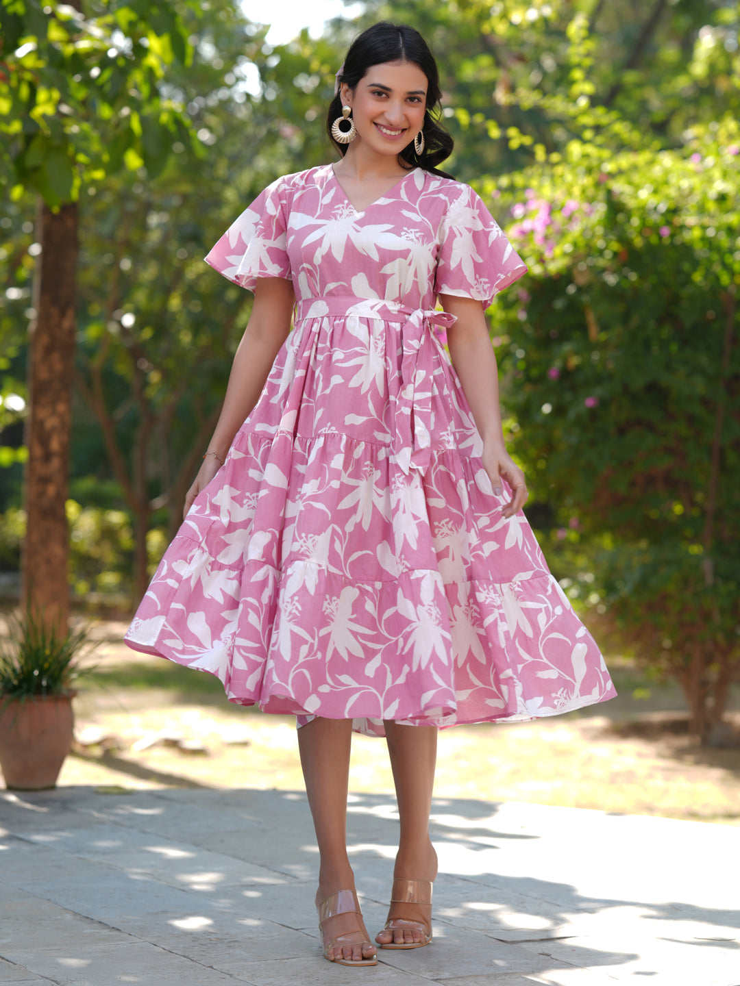 Janasya Light Cotton Floral Tiered Dress | Swadesiicart