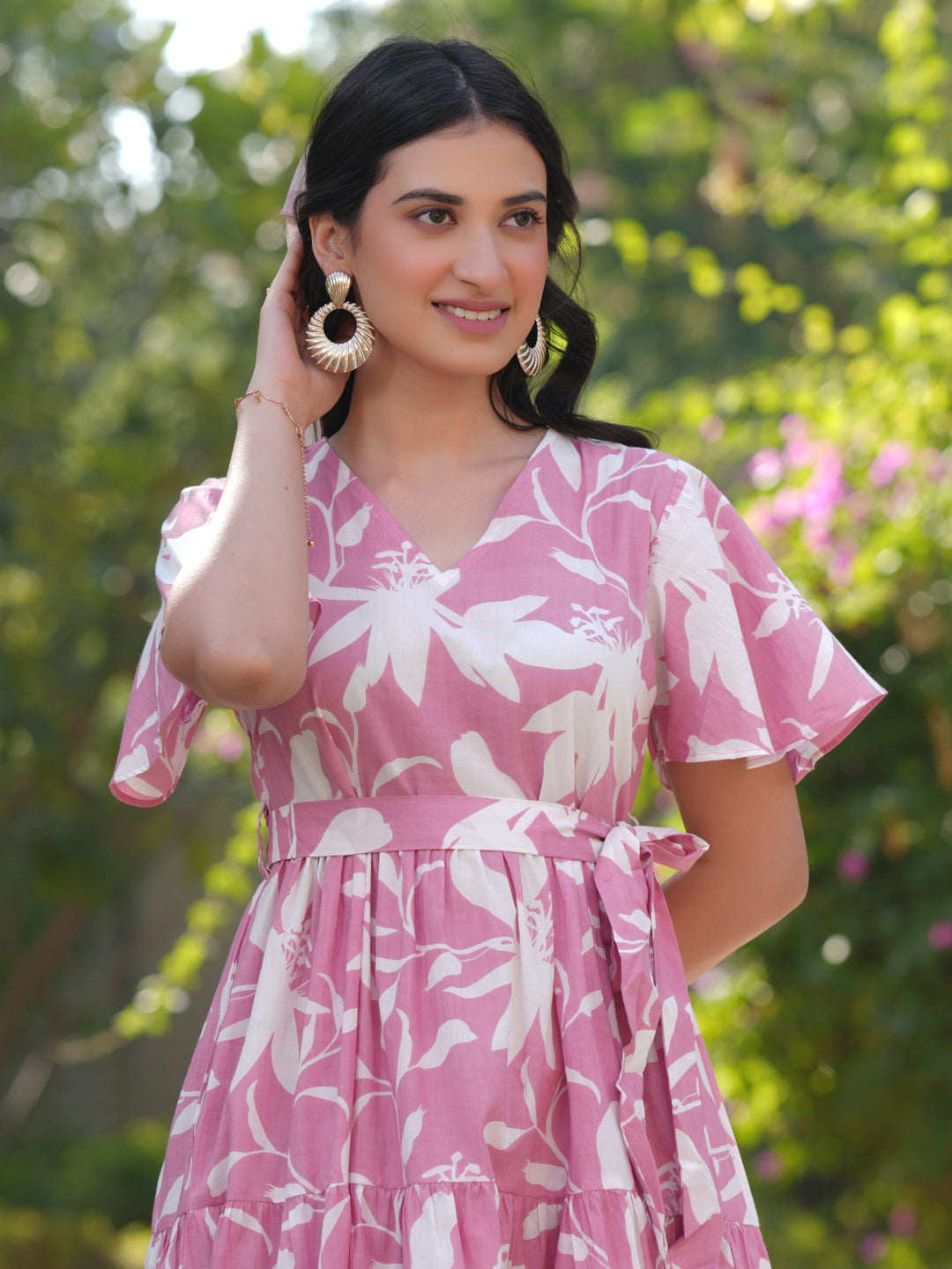 Janasya Light Cotton Floral Tiered Dress | Swadesiicart