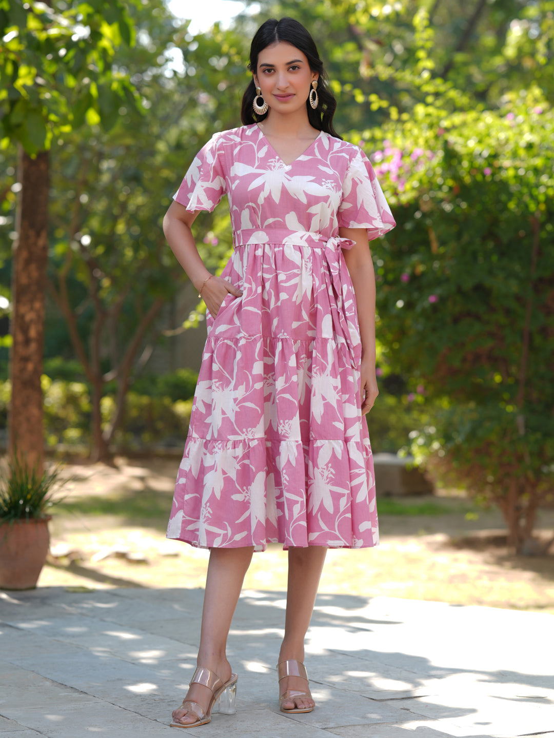 Janasya Light Cotton Floral Tiered Dress | Swadesiicart