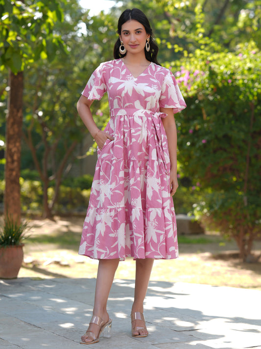 Janasya Light Cotton Floral Tiered Dress | Swadesiicart