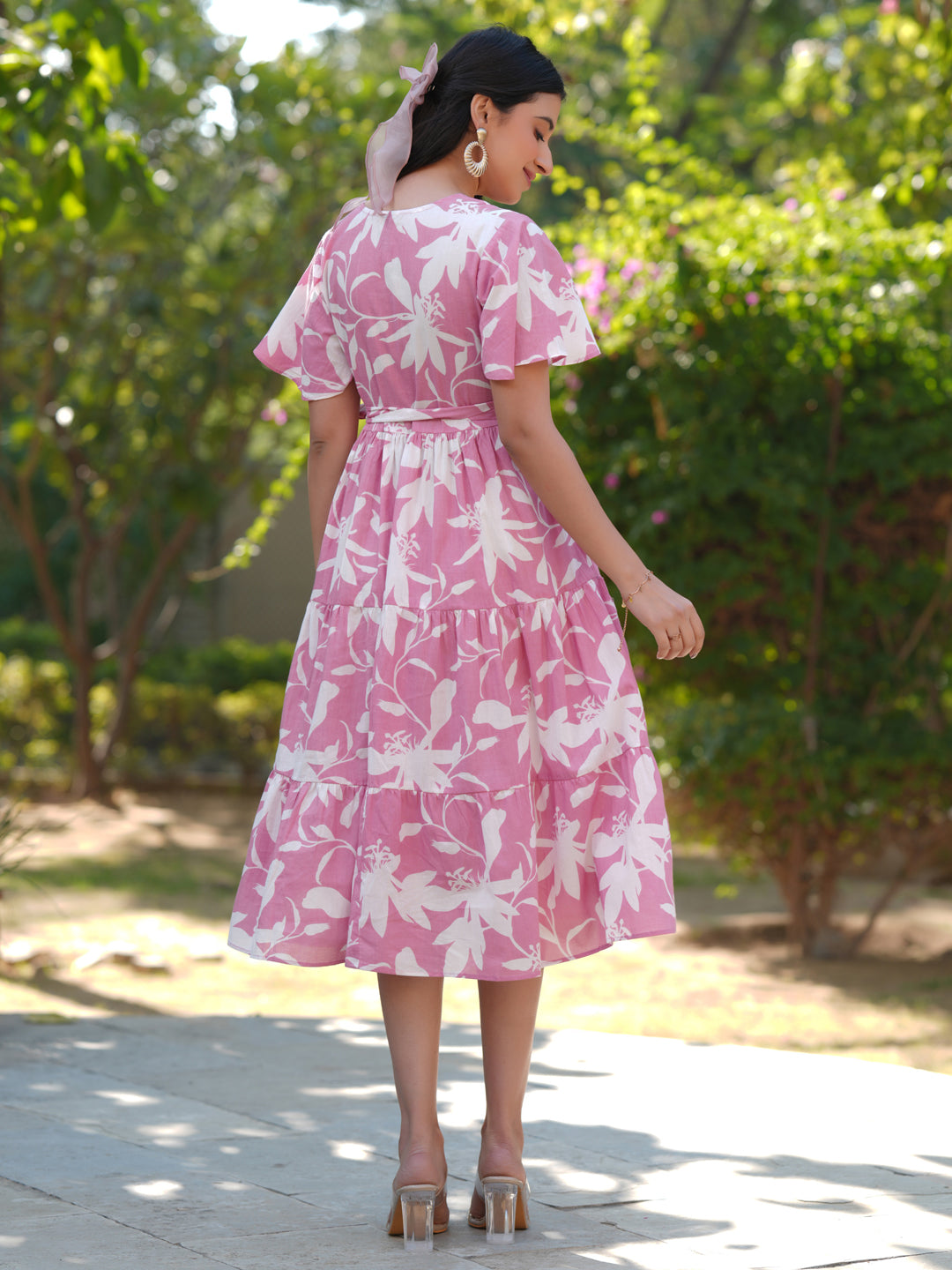 Janasya Light Cotton Floral Tiered Dress | Swadesiicart