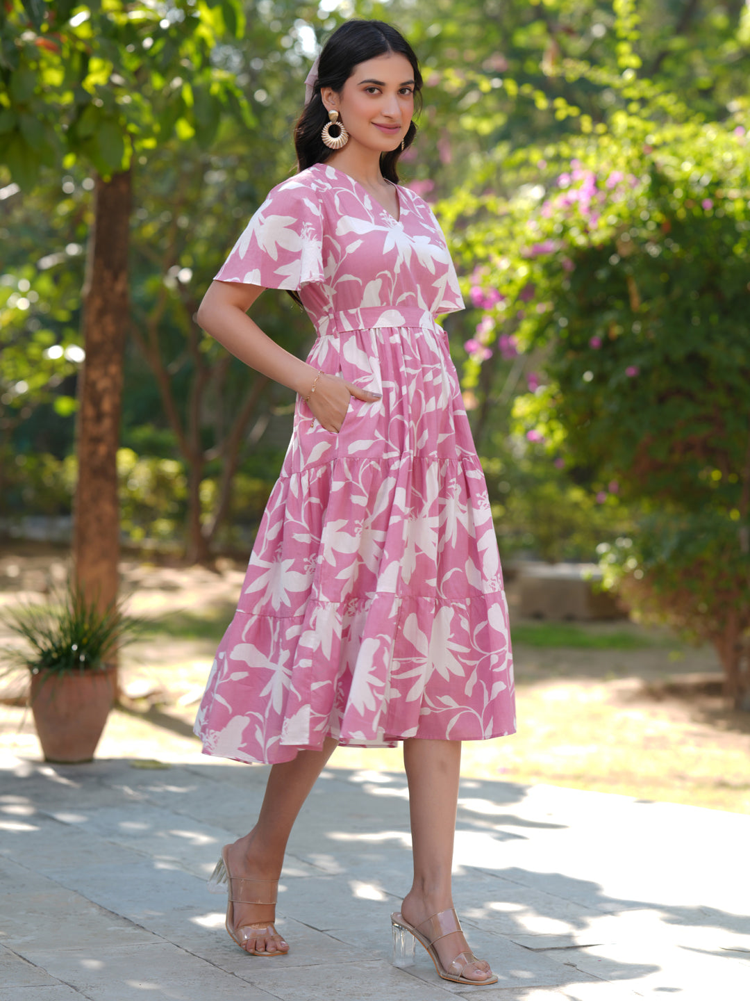 Janasya Light Cotton Floral Tiered Dress | Swadesiicart