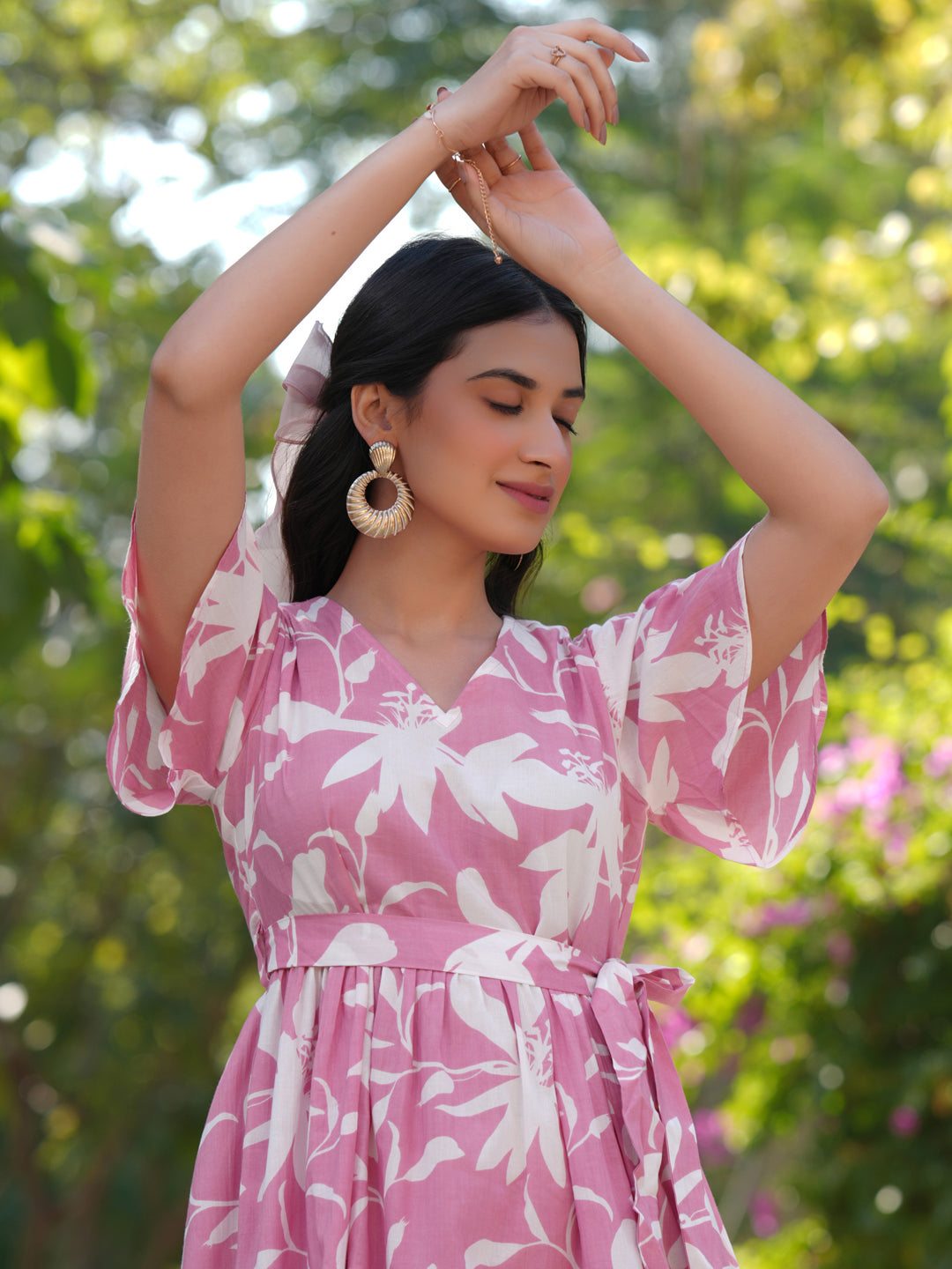 Janasya Light Cotton Floral Tiered Dress | Swadesiicart