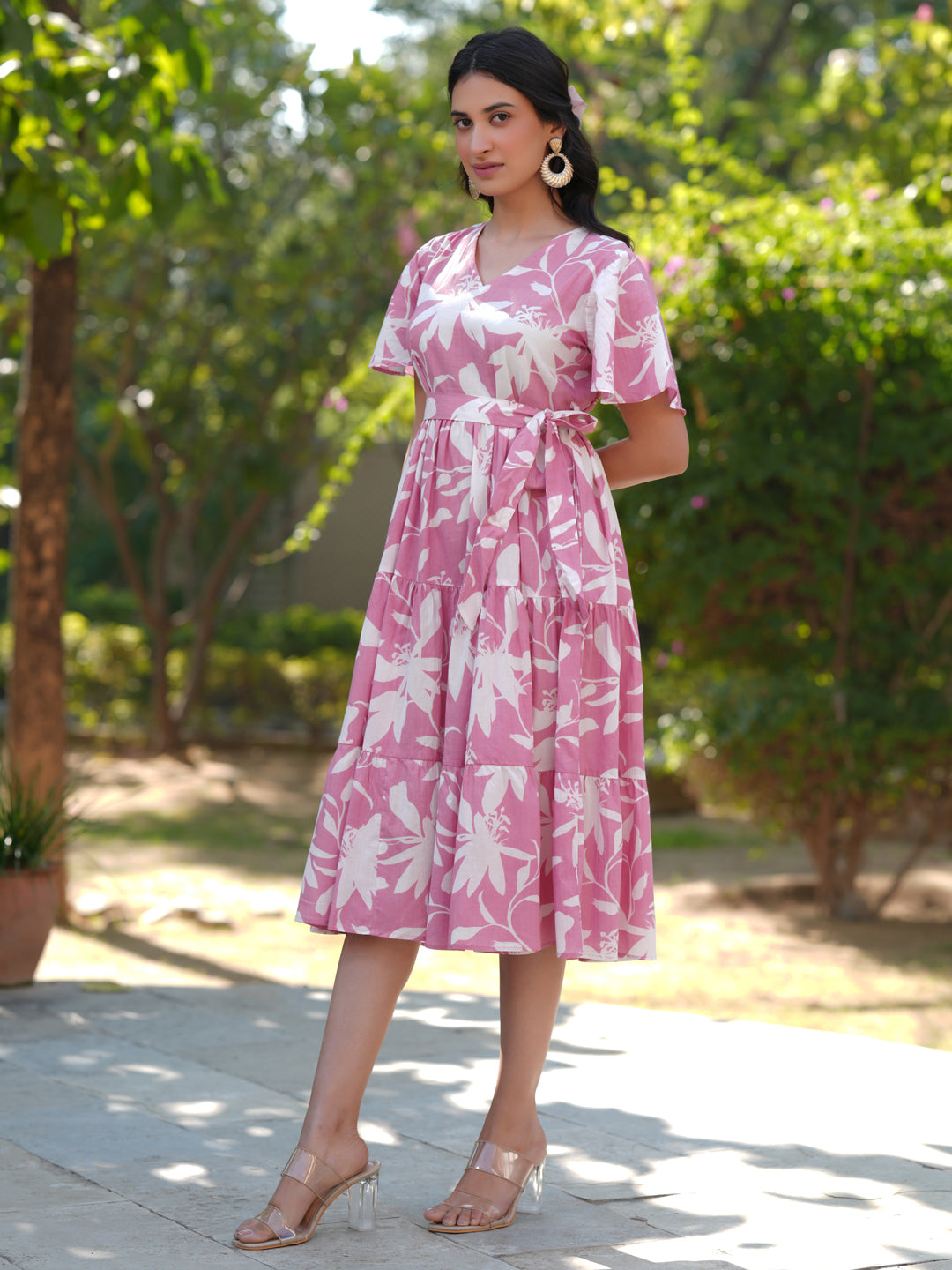 Janasya Light Cotton Floral Tiered Dress | Swadesiicart