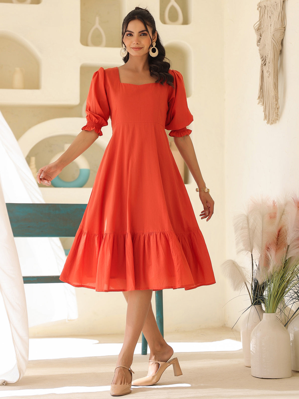 Janasya Light Cotton Solid A-Line Dress | Swadesiicart