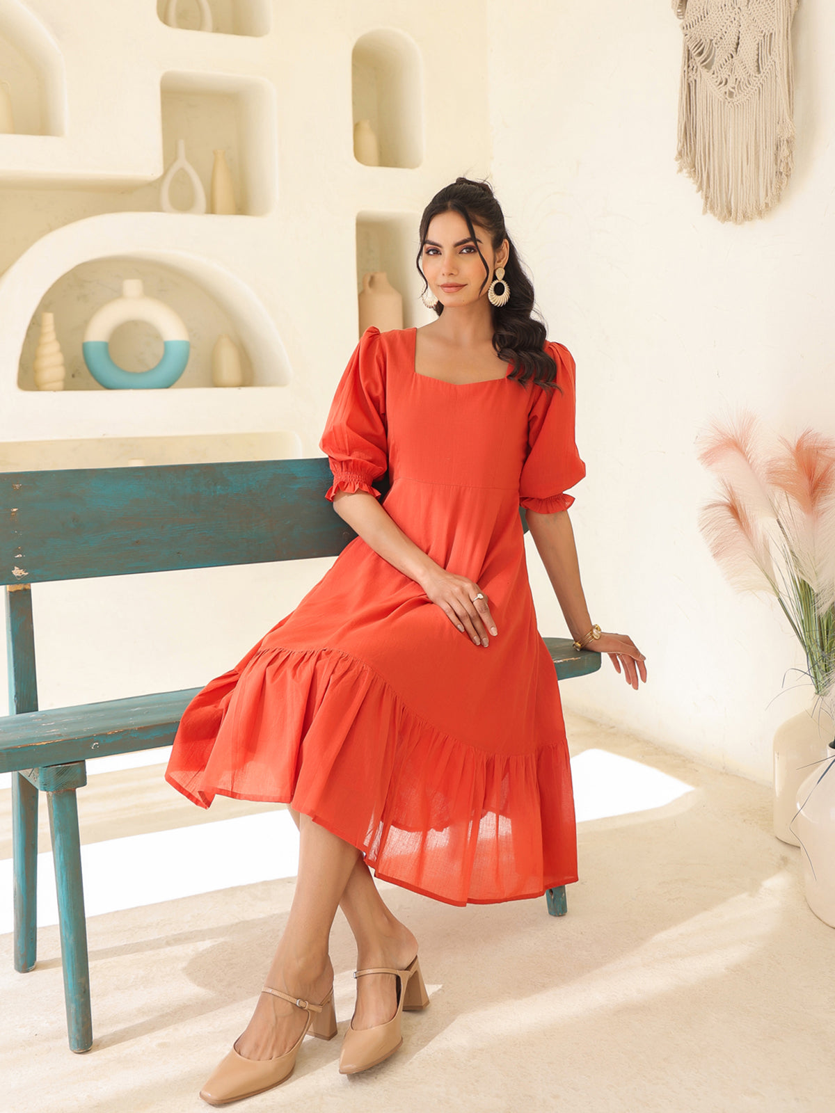 Janasya Light Cotton Solid A-Line Dress | Swadesiicart