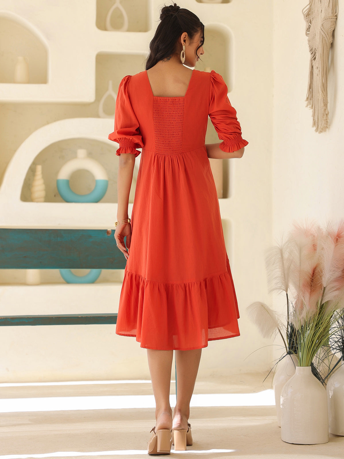 Janasya Light Cotton Solid A-Line Dress | Swadesiicart