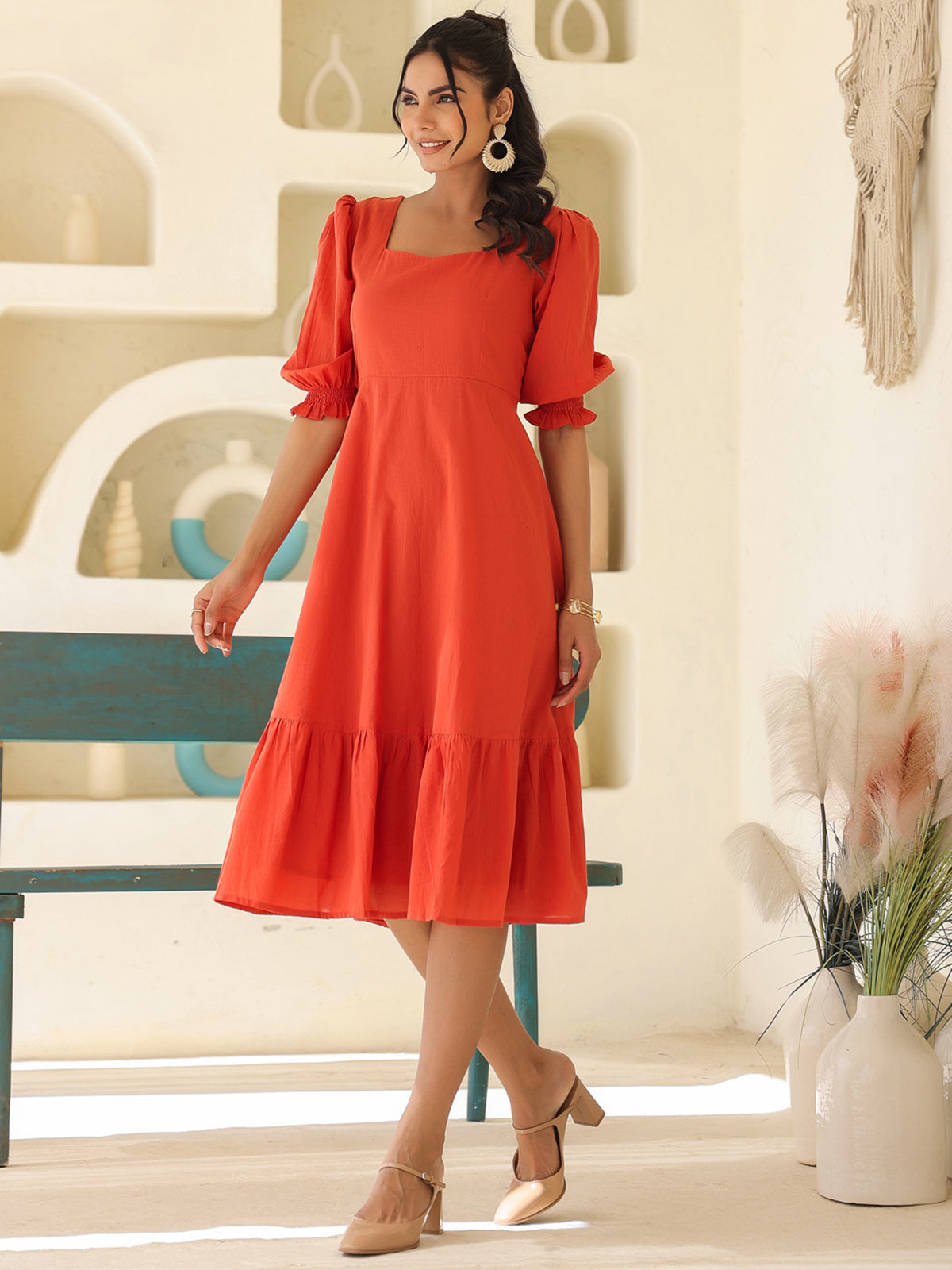 Janasya Light Cotton Solid A-Line Dress | Swadesiicart