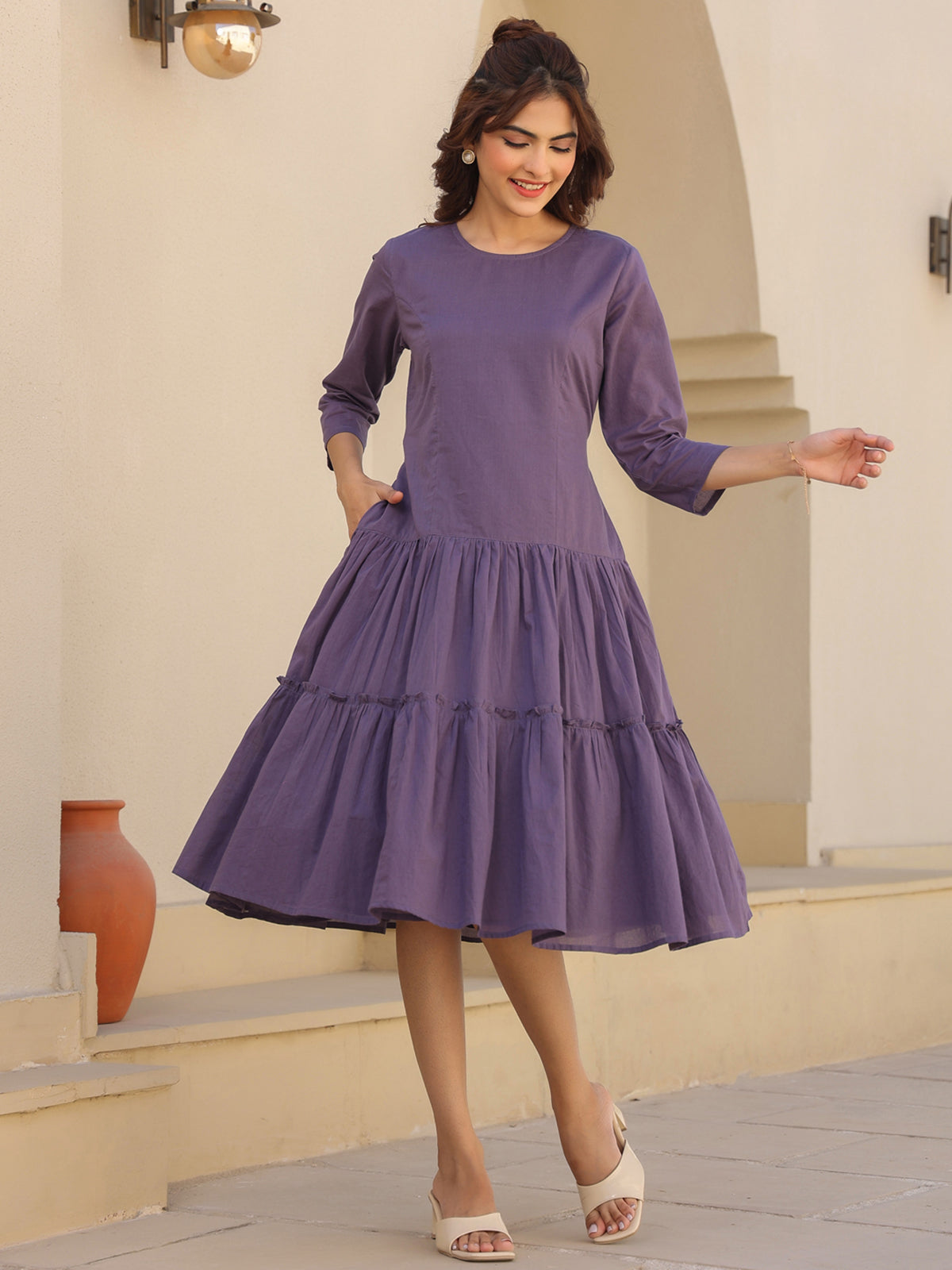 Janasya Light Cotton Solid A-Line DRESS | Swadesiicart