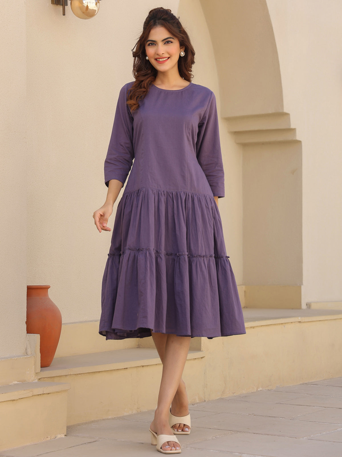 Janasya Light Cotton Solid A-Line DRESS | Swadesiicart