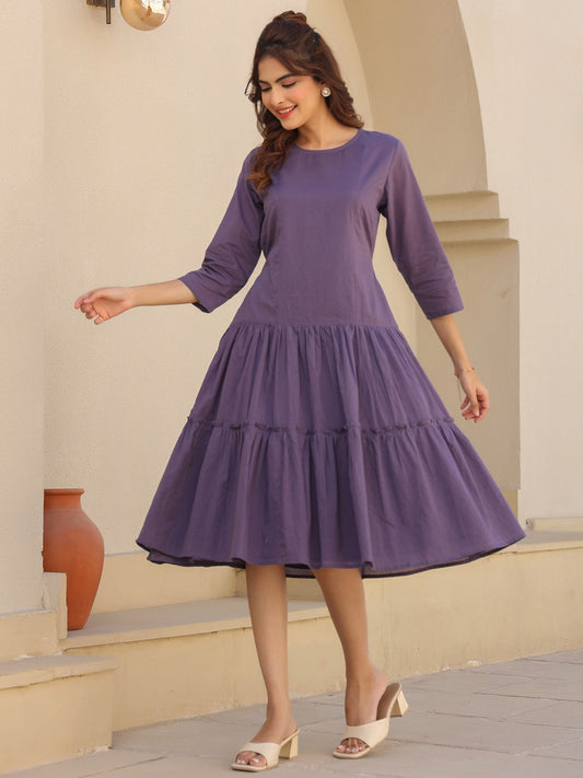 Janasya Light Cotton Solid A-Line DRESS | Swadesiicart
