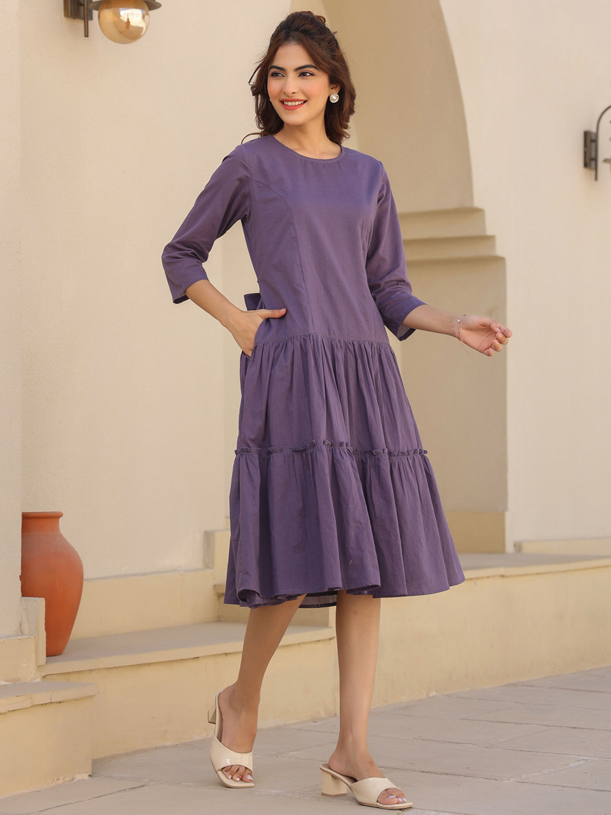 Janasya Light Cotton Solid A-Line DRESS | Swadesiicart