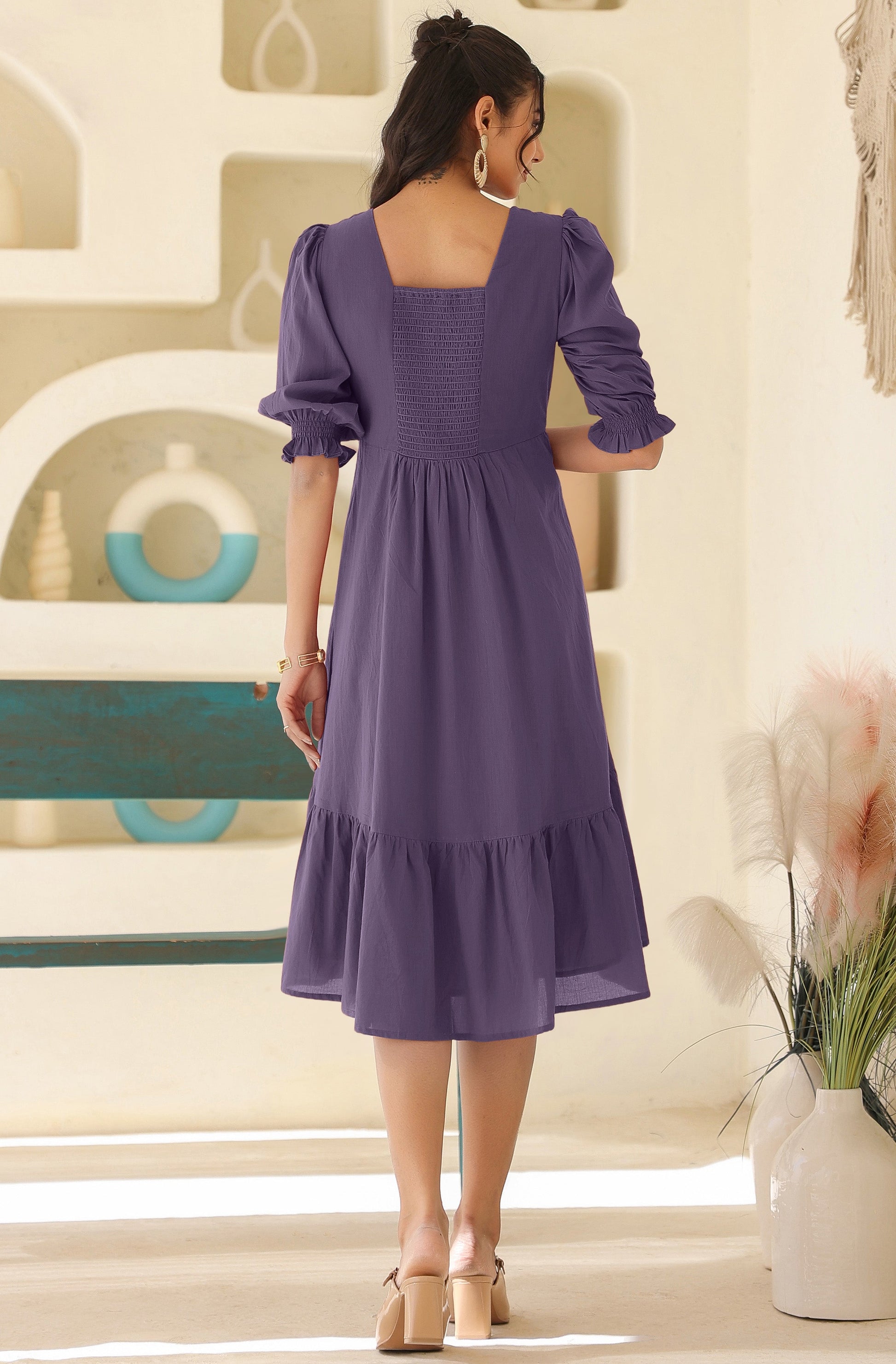 Janasya Light Cotton Solid A-Line Dress | Swadesiicart