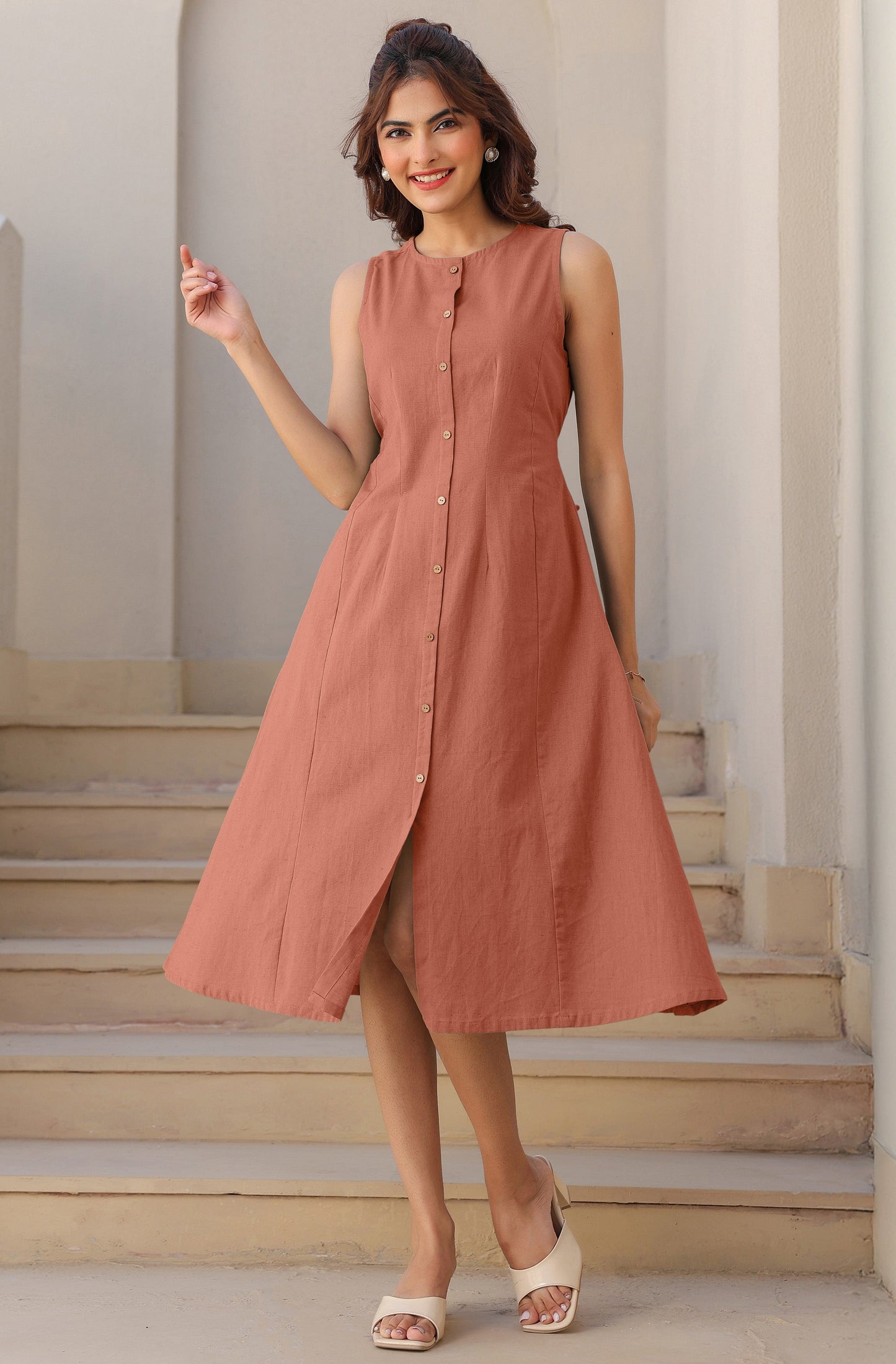 Janasya Dark Cotton Solid A-Line Dress | Swadesiicart