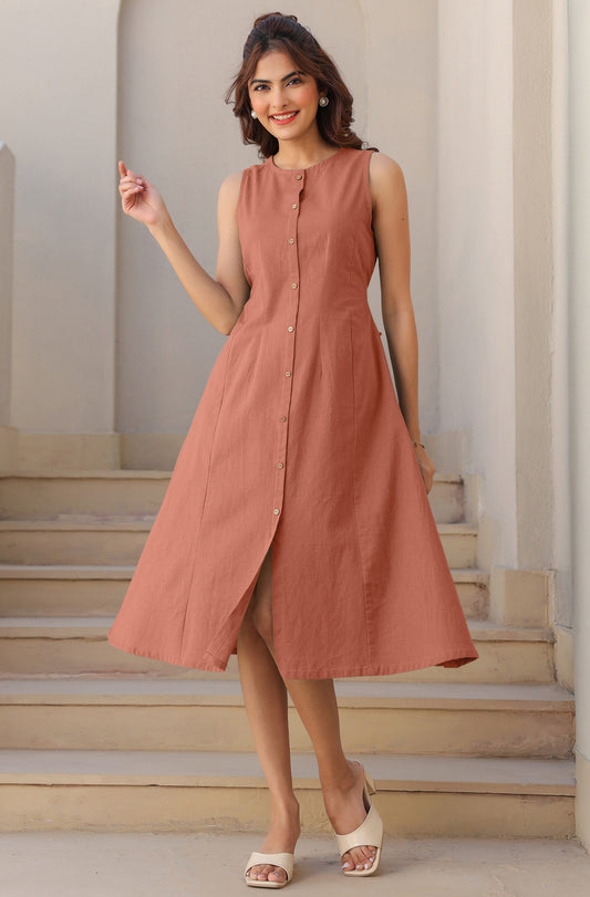 Janasya Dark Cotton Solid A-Line Dress | Swadesiicart