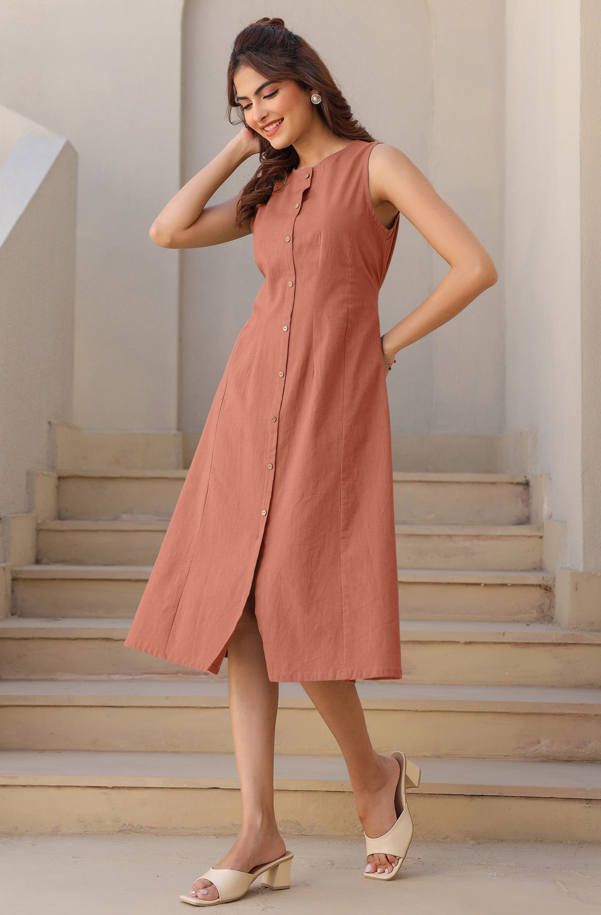 Janasya Dark Cotton Solid A-Line Dress | Swadesiicart