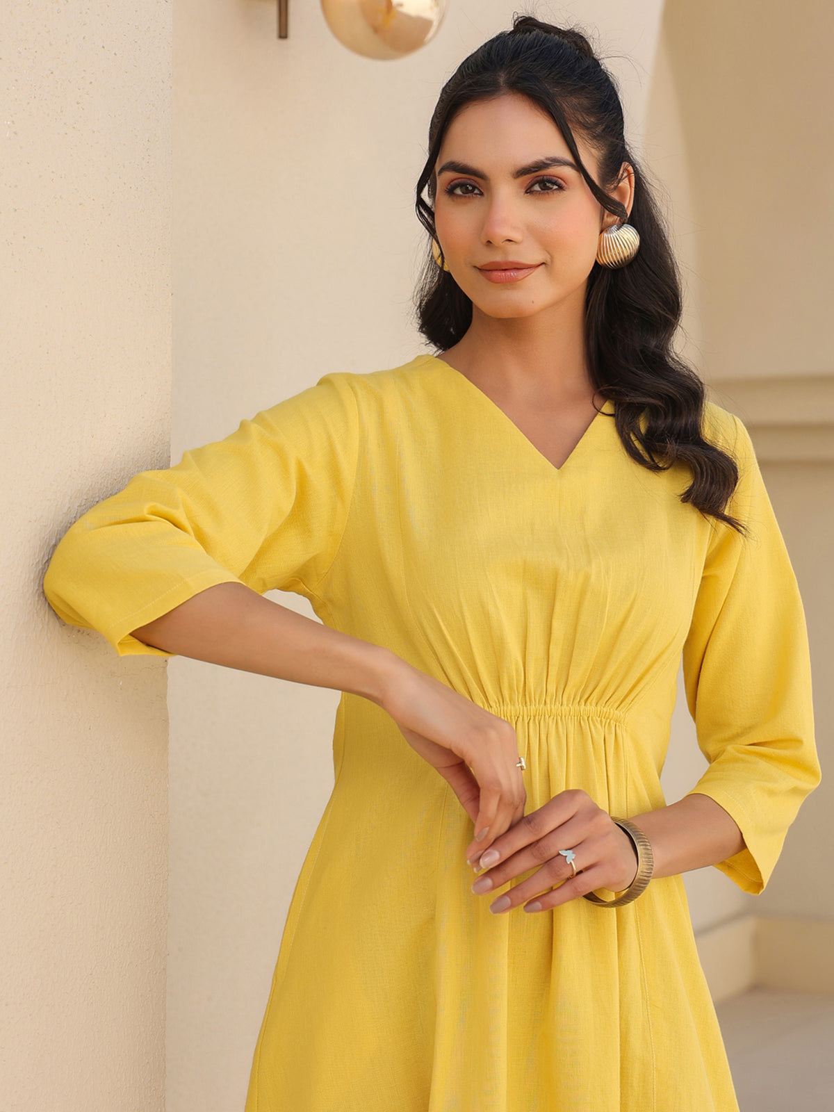 Janasya Bright Cotton Solid A-Line Dress | Swadesiicart