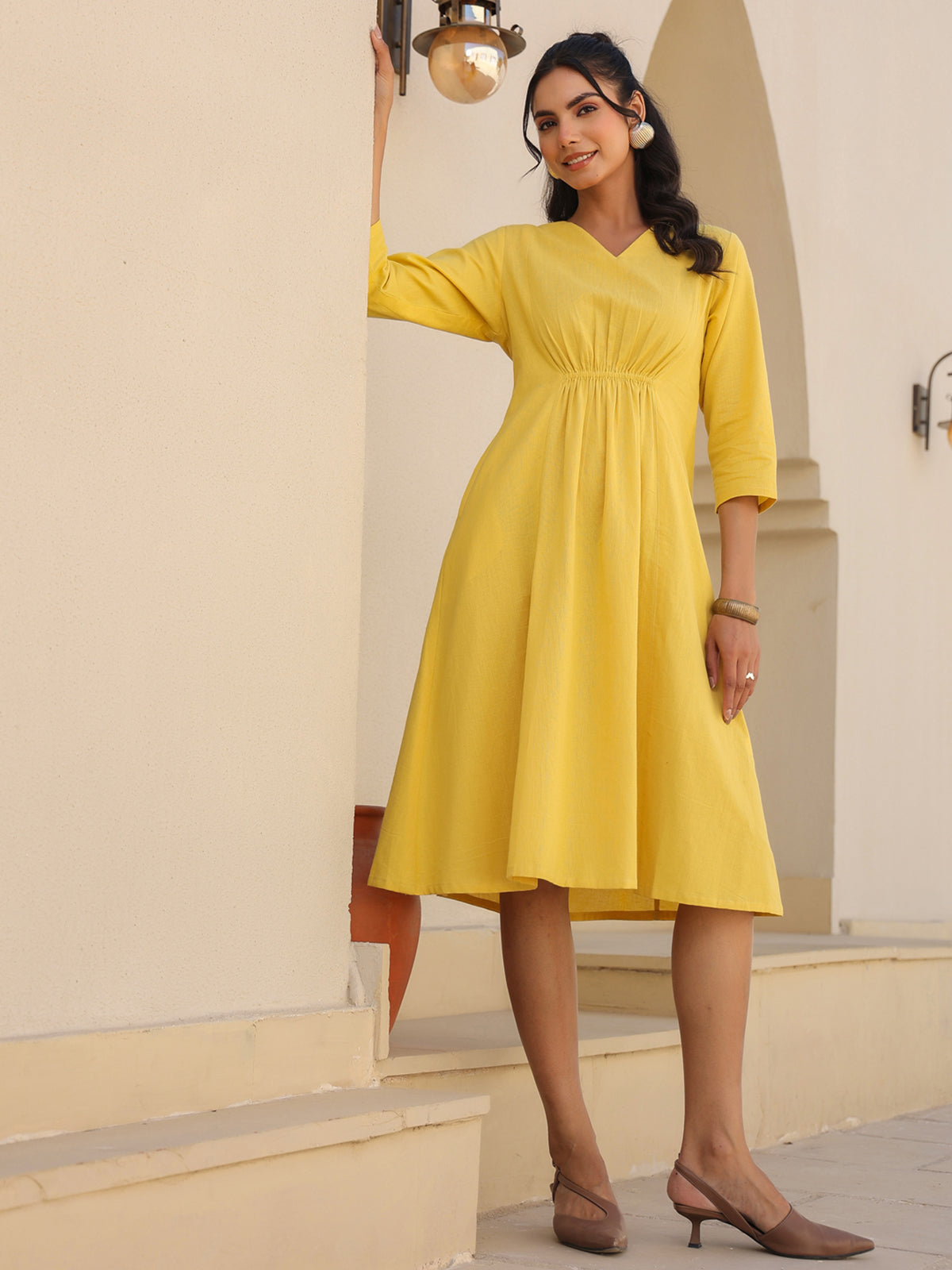 Janasya Bright Cotton Solid A-Line Dress | Swadesiicart