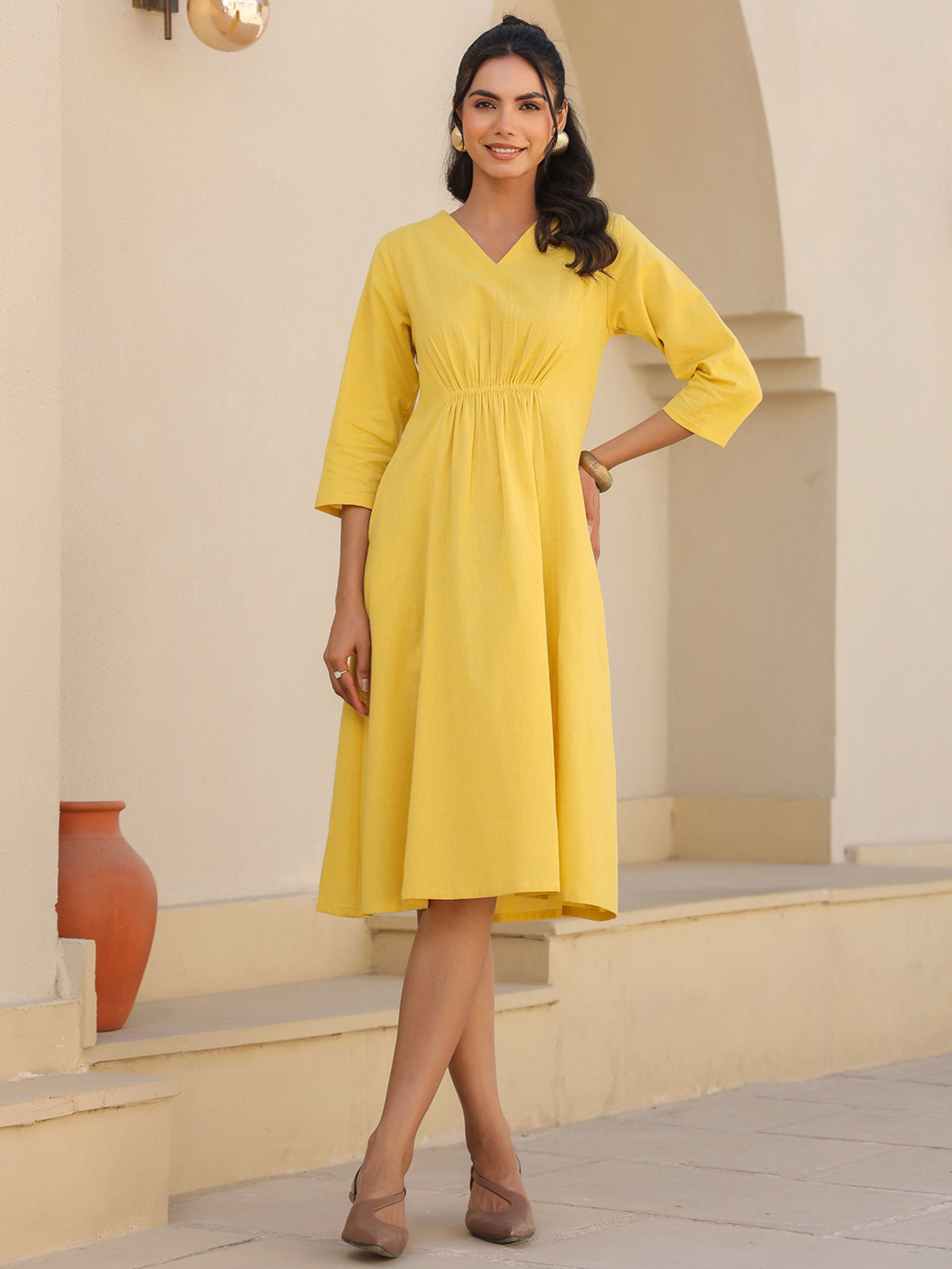 Janasya Bright Cotton Solid A-Line Dress | Swadesiicart
