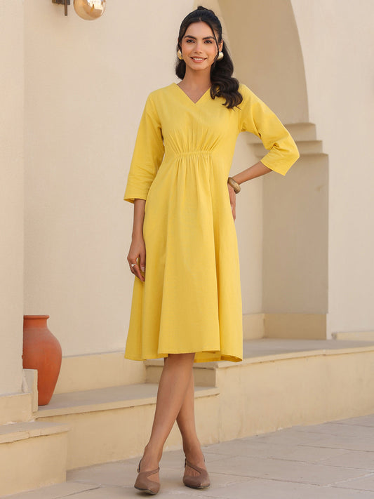 Janasya Bright Cotton Solid A-Line Dress | Swadesiicart
