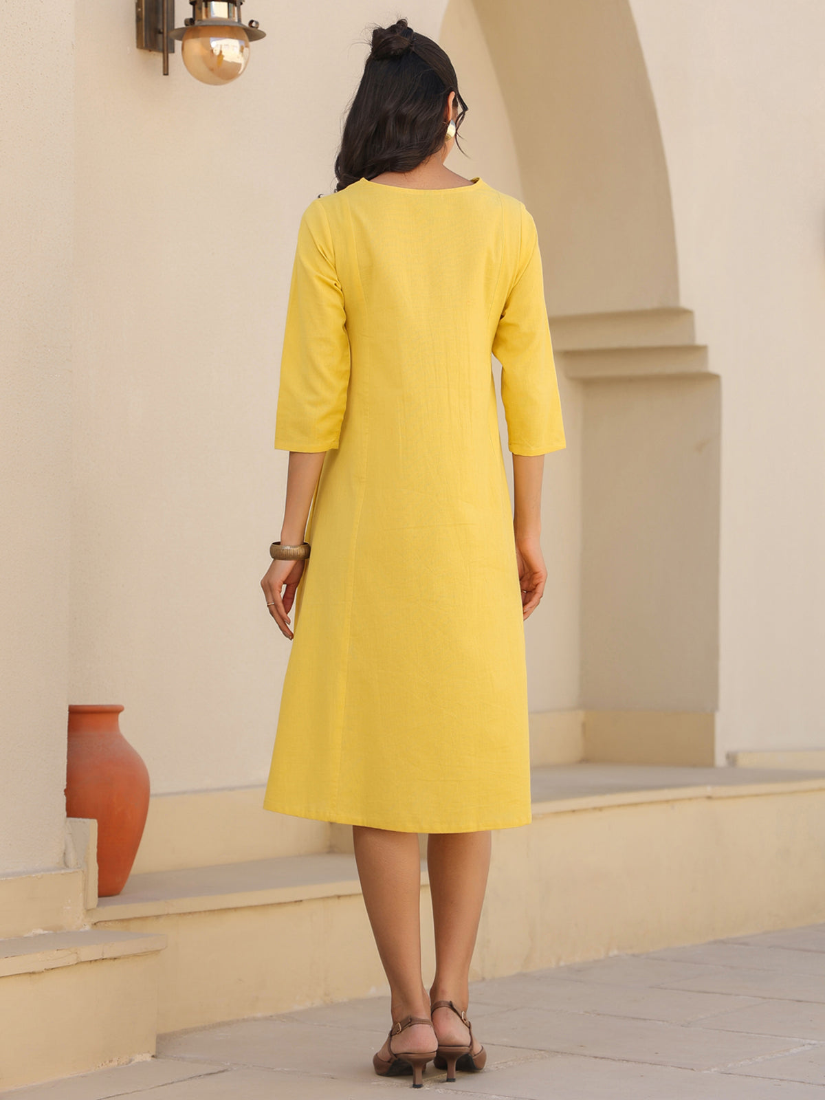 Janasya Bright Cotton Solid A-Line Dress | Swadesiicart
