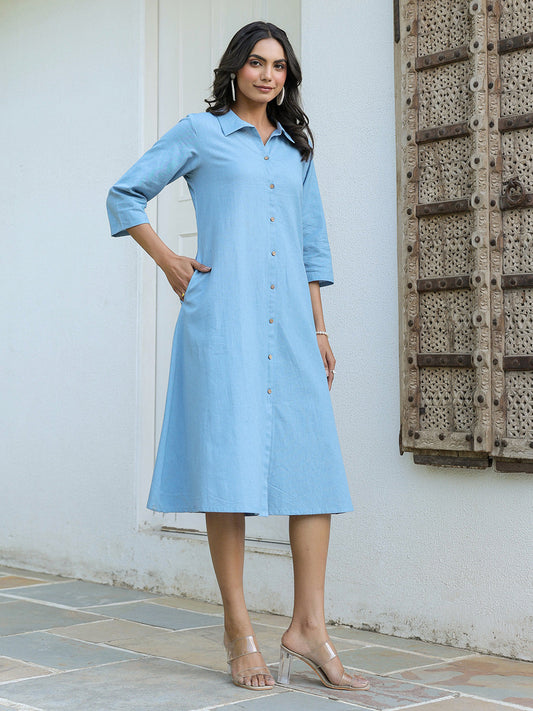 Janasya Light Cotton Solid A-Line Dress | Swadesiicart