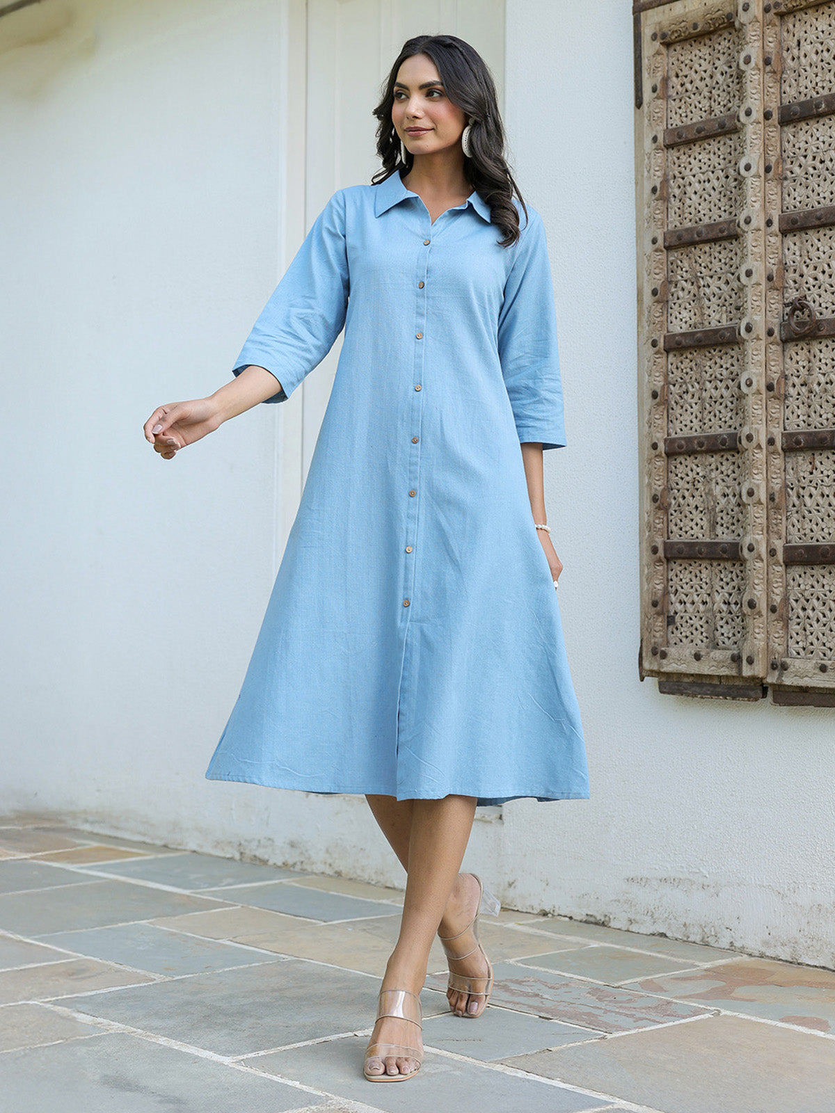 Janasya Light Cotton Solid A-Line Dress | Swadesiicart