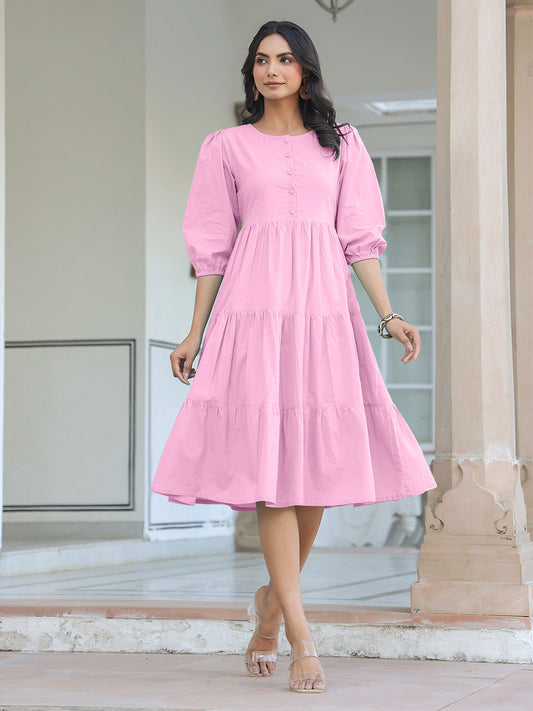 Janasya Bright Cotton Solid Tiered Dress | Swadesiicart