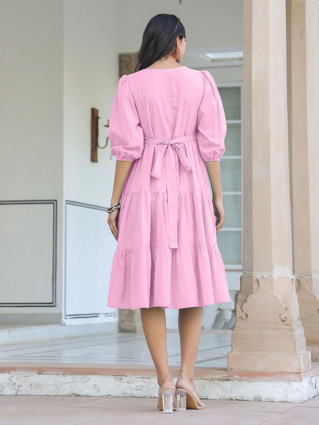 Janasya Bright Cotton Solid Tiered Dress | Swadesiicart