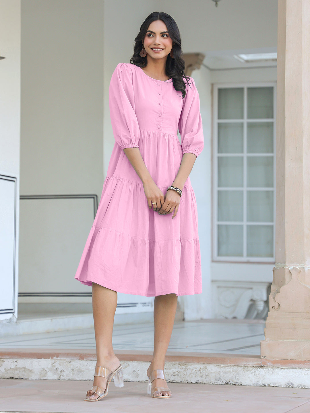 Janasya Bright Cotton Solid Tiered Dress | Swadesiicart
