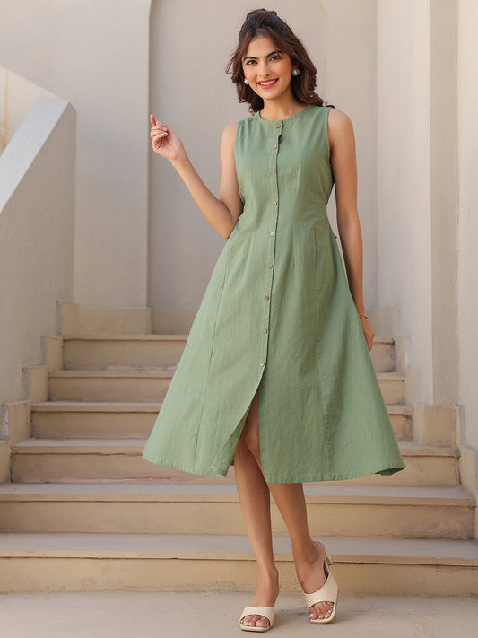 Janasya Dark Cotton Solid A-Line Dress | Swadesiicart