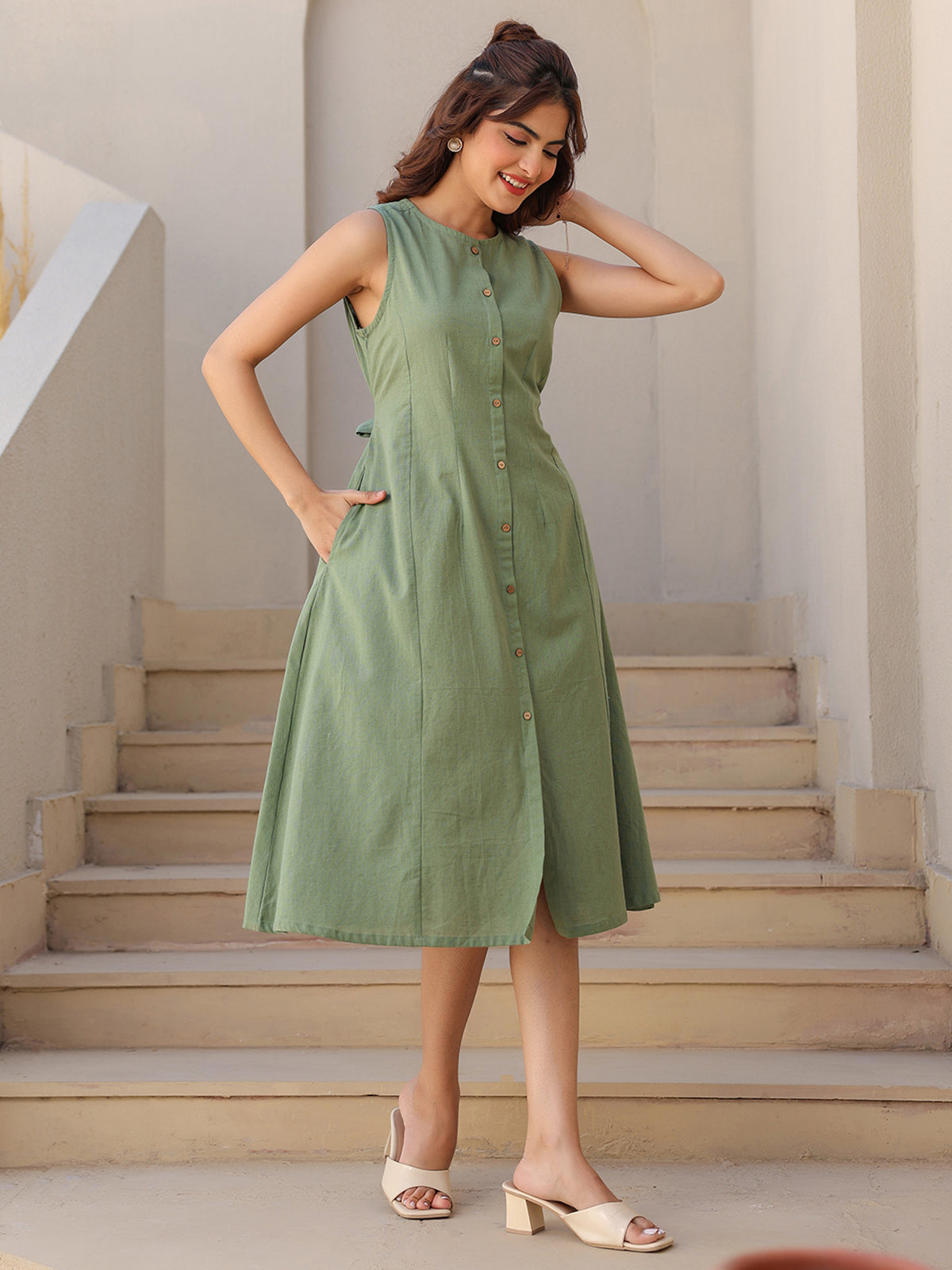 Janasya Dark Cotton Solid A-Line Dress | Swadesiicart