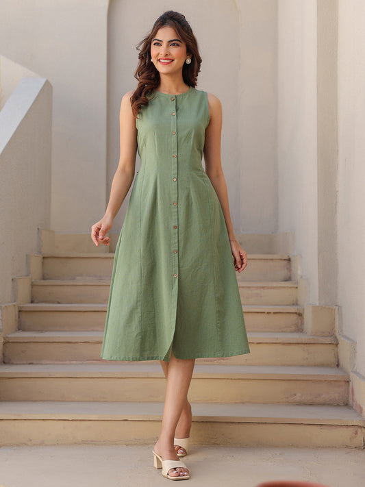 Janasya Dark Cotton Solid A-Line Dress | Swadesiicart