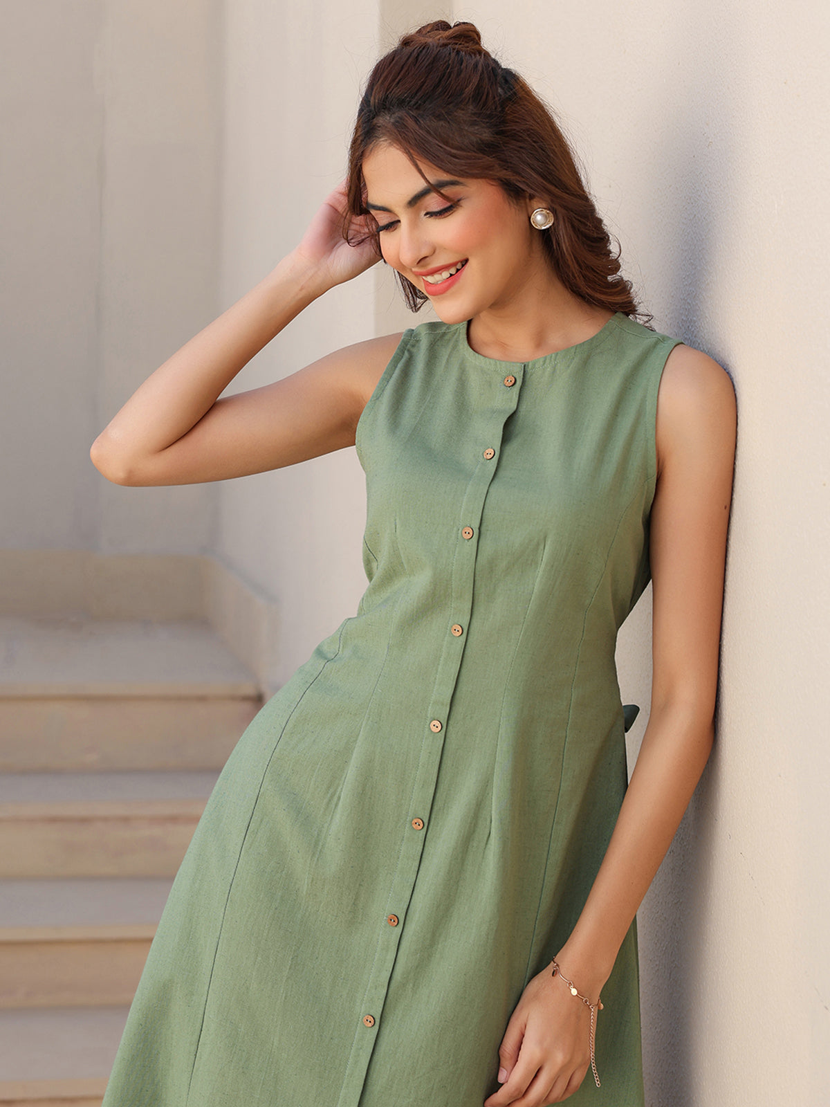 Janasya Dark Cotton Solid A-Line Dress | Swadesiicart